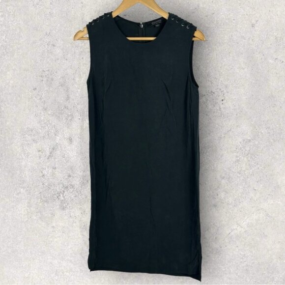 Allsaints Kaili Black Laced Dress Size 2 Shift Minimalist Split 100% Modal Mini - Picture 3 of 14